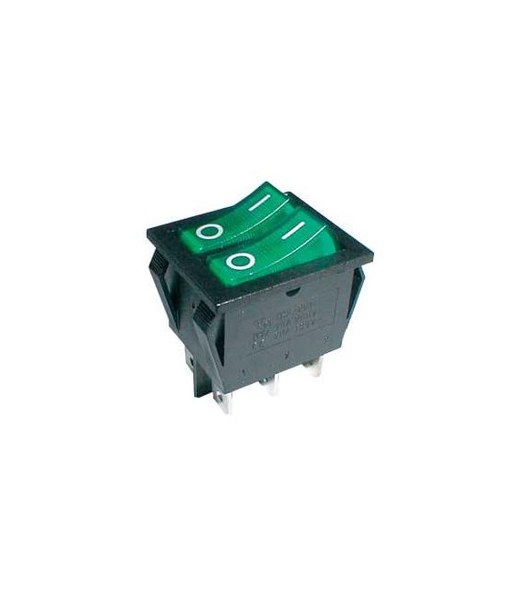 Přepínač kolébkový 2x(2pol./3pin) ON-OFF 250V/15A pros. zelený