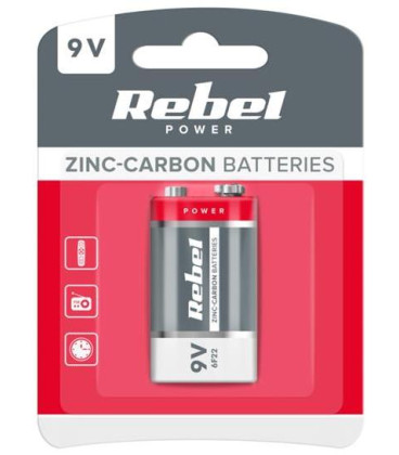 Baterie 6F22 (9V) Zn-Cl REBEL 1ks / blistr BAT0082B